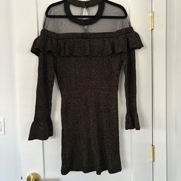 Venus Black Gold Metallic Mesh Ruffle Off Shoulder Long Sleeve Dress XL New Year - Picture 2 of 16